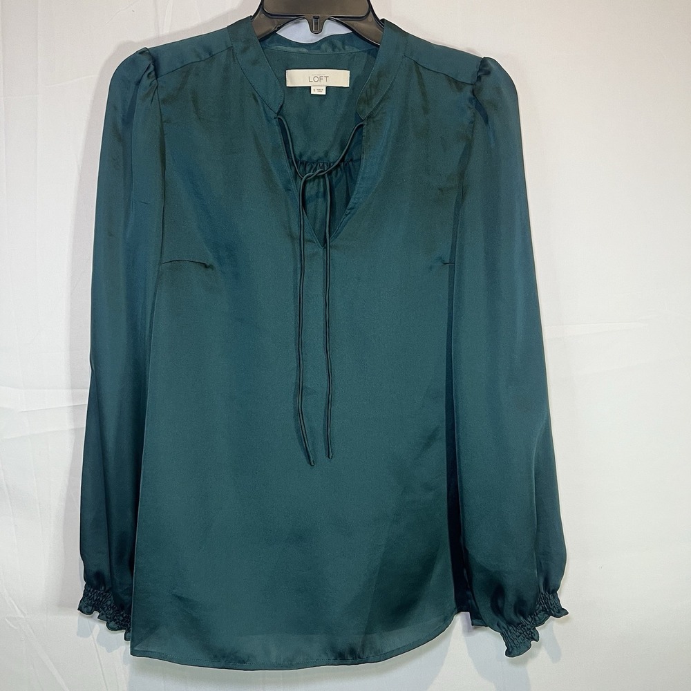 Loft Women's Small Green Tie Neckline Baby Doll Pullover Long Sleeve Blouse